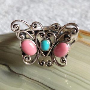 Vintage Sterling Silver Butterfly Ring  Turquoise Coral Accents  sz 8  5.8g